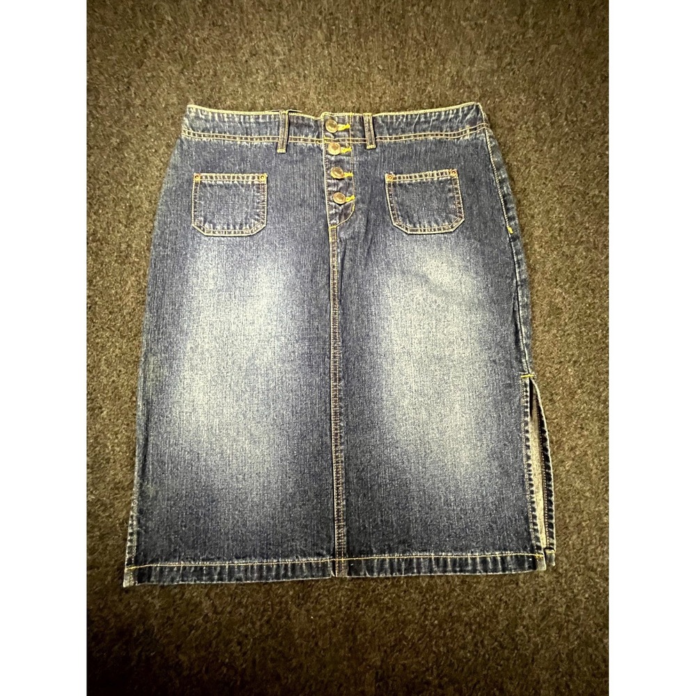 Y2K Bailey's Point Midi Skirt Women 10 Blue Denim Cotton Side Slits Button Front